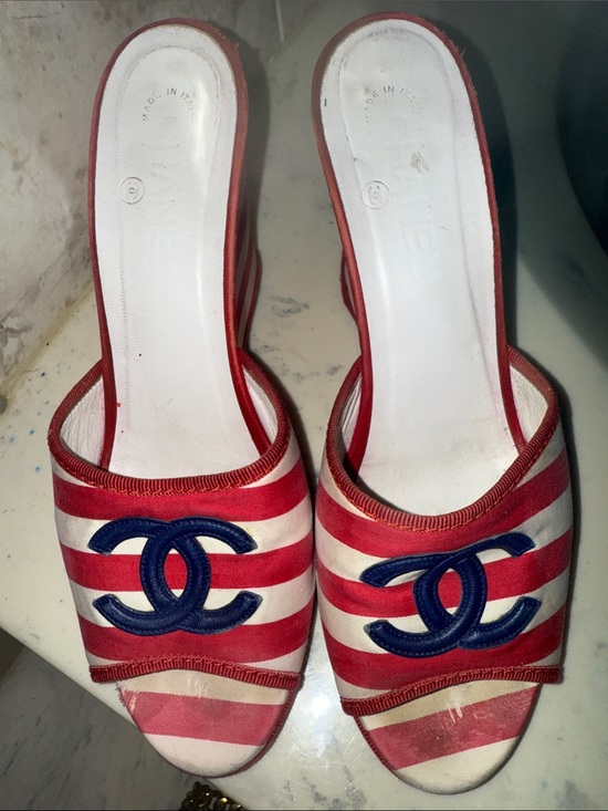 CHANEL Shoes - CHANEL Red, White & Navy Striped Open-Toe Slide Mules